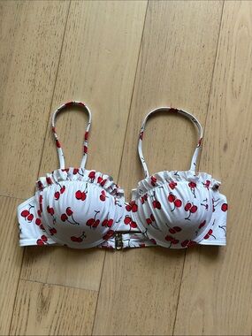 White Cherry Print Ruffled Bikini Top